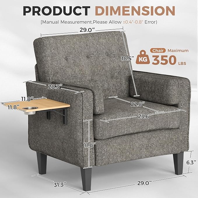 Chenille Accent Chair, Mid Century Modern Arm Chair with Foldable Wooden Side Table & Cup Holder - Comfy Reading Chair for Bedroom,Living Room Chairs,Sofa Chair Set of 2,Dark Grey