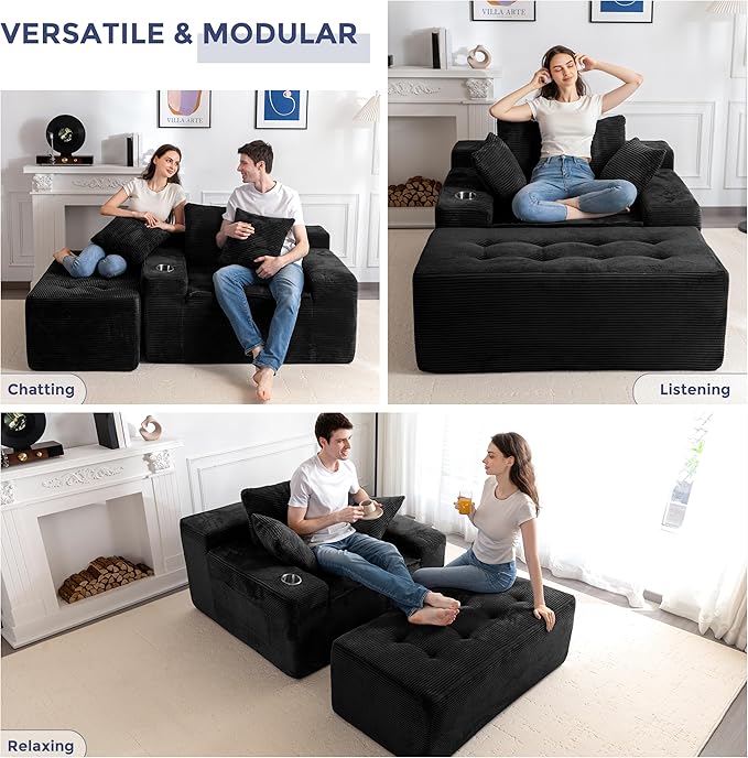 MAXYOYO Oversized Chaise Lounge Sofa, Upholstered Lounge Chair with 3 Pillows Indoor, Tufted Boneless Sofa Couch with Ottoman, Deep Seat Sleeper Chair for Living Room, Bedroom, No Assembly, Black