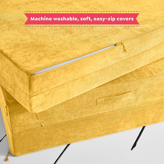 Yourigami Kids and Toddler Play Couch, Convertible Folding Sofa, Durable Foam Modular Design, Sunflower Yellow