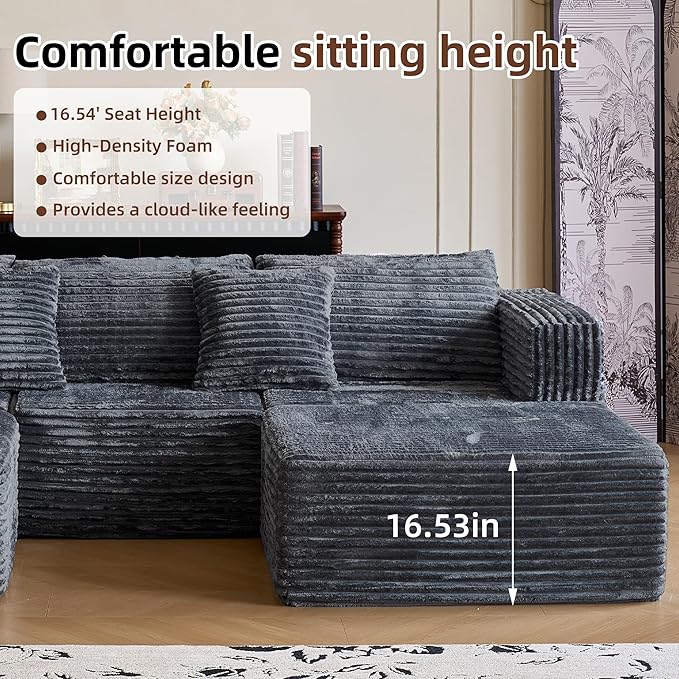 110" Modular Sectional Couch with 2 Movable Ottoman, Cloud Sofa Couches for Living Room, U Shaped Deep Seat Boneless Sofa,Luxury Corduroy Fabric, No Assembly Required Grey