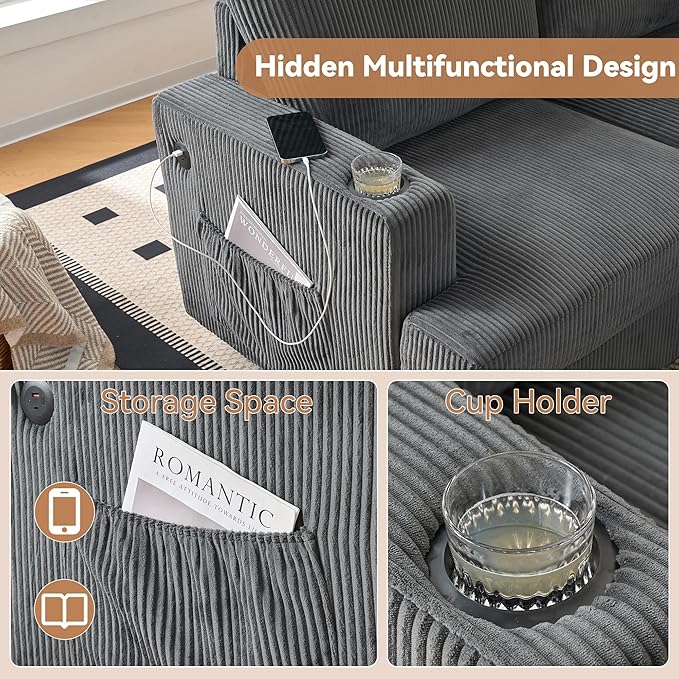 63" Modular Sectional Sleeper Sofa, Soft Durable Corduroy Loveseat with Armrest, 2 Cup Holders & 2 USB Ports, 21" Deep Seat Cloud Couch for Small Spaces Living Room Bedroom Office (Grey, 2 Seat)