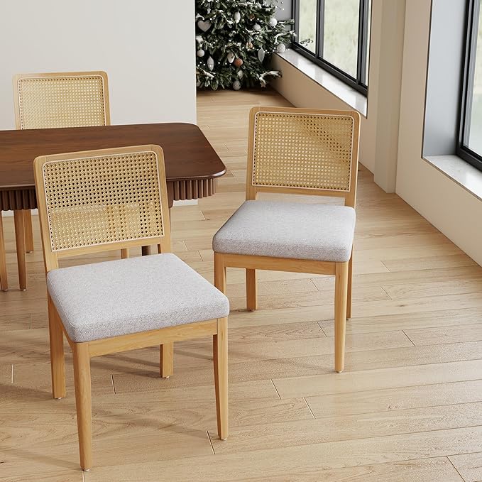 LukeAlon Set of 2 Dining Chairs Mid Century Modern with Woven Cane Back, Soft Chenille Upholstered Seat, Solid Wood Legs for Kitchen, Dining Room, Breakfast Nook, Farmhouse Style, Grey