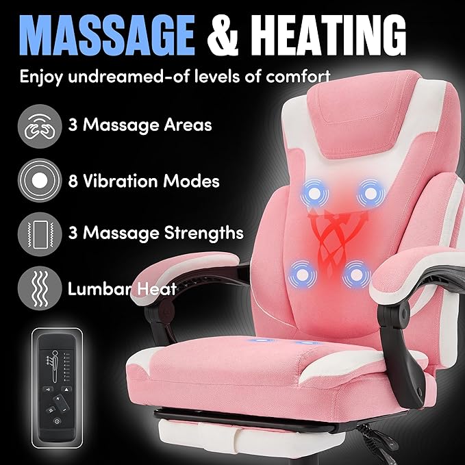 Massage Office Chair with Footrest,6-Point Vibration and Heat Executive Office Chairs,Ergonomic Desk Chair for Heavy People,500LBS Big and Tall Fabric Office Chair,Reclining Managerial Chair,Pinkwhite