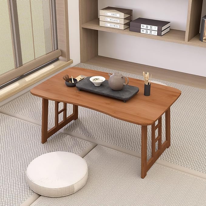 Japanese Bamboo Folding Floor Table for Sitting on Floor, Tatami Table Foldable, No Assembly, Low Tables for Small Spaces Living Room/Portable Zen Chabudai for Meditation - Walnut