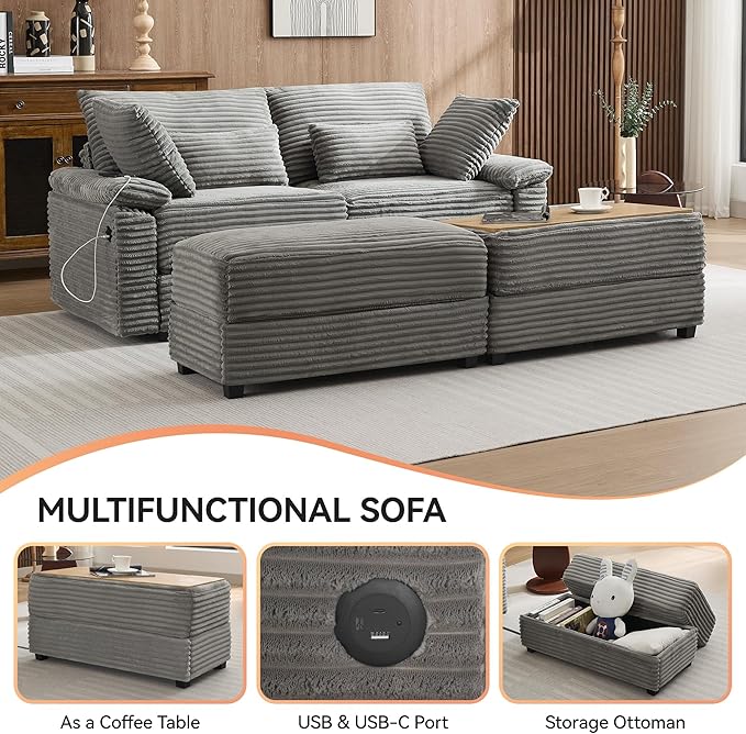 75" Corduroy Loveseat with Storage Ottoman, Cloud Deep Seat Couch with Convertible Ottoman Coffee Table & USB, Double Chaise Lounge for Living Room, Grey