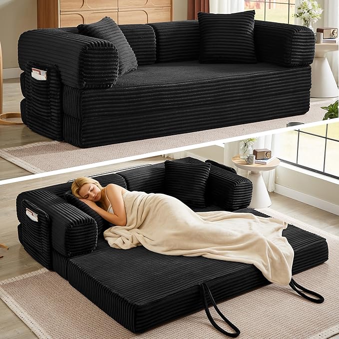AUGOP Boneless Couch Folding Couches for Living Room Sofa, Futon Sofa Bed with Sleeper Sofa, Futon Couch with Fixed-Shape Oversized Corduroy Upholstered (Black, 81 Inches)