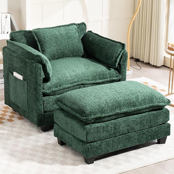 KEIKI Boucle Accent Chair with Storage & Ottoman, Oversized Reading Arm Chair w/Double Cushion, Modern Side Deep Seating Chairs Set, Corner Comfy Lounge Armchair for Living Room, Bedroom, Dark Green