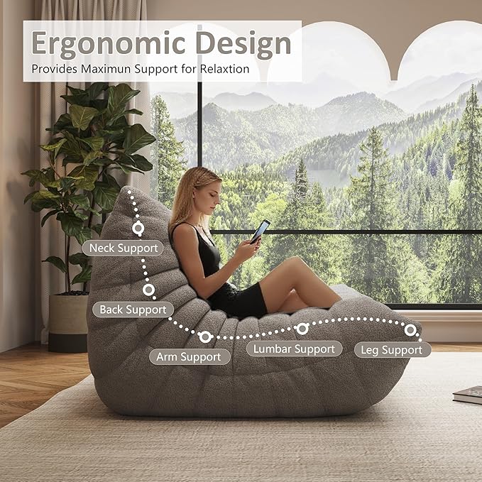 Bean Bag Chair, Oversized Loveseat Fireside Chair for Adults, 2 Seater with Memory Foam Filled, Lazy Sofa Lounge Floor Sofa for Living Room, Bedroom, Office, No Assembly Required. (Grey)