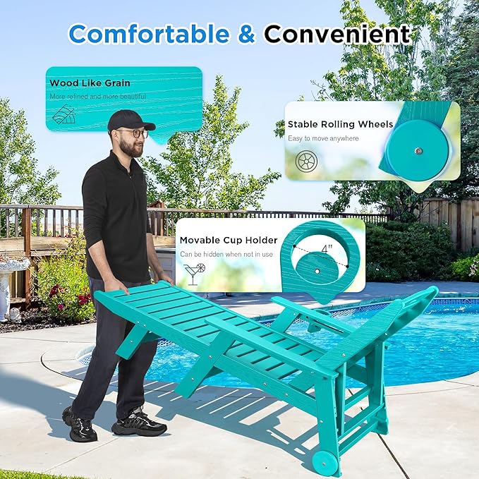 nalone HDPE Chaise Lounge Chair Outdoor with Wheels & Cup Holder, Pool Lounge Chairs with 5-Position Adjustable Backrest, Supports Up to 400 LBS for Patio Poolside Deck Beach Backyard (Aruba)