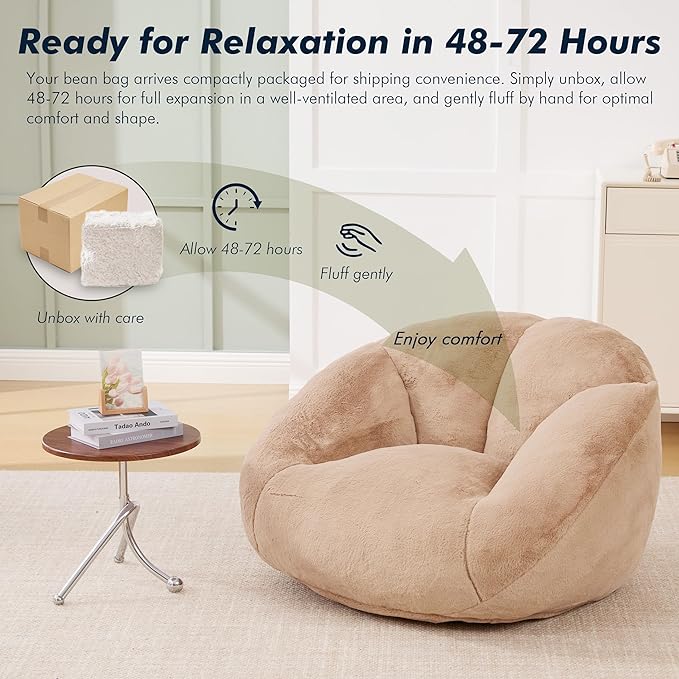 3.28 Feet Bean Bag Chair for Adults, Shell-Shaped Bean Bag Lazy Couch, Faux Fur Cloud Sofa Chair, Lounge Floor Sofa with Filler for Reading, Gaming & Watching, No Assembly Required (Camel)