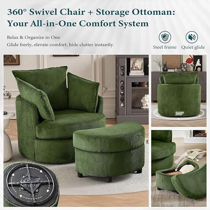Chorlenimi Swivel Accent Chair Round Barrel Armchair Upholstered Living Room Chair Corduroy Reading Chair Single Sofa Chair for Bedroom Apartment Office (Green, Upgrade 1Seater+ Ottoman)