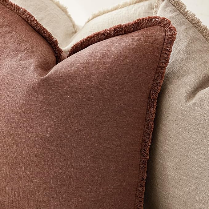 Foindtower Set of 2 Decorative Linen Fringe Throw Pillow Covers Cozy Boho Farmhouse Cushion Cover with Tassels Soft Accent Pillowcase for Couch Sofa Bed Living Room Home Decor,26×26 Inch,Rust Red