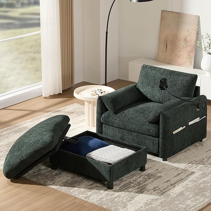 Chenille Single Sofa with Storage Ottoman, Adjustable Phone Holder, USB Charger, Side Storage Pockets, Pillow-Like Armrests, Wide Seat Chaise Lounge for Living Room & Apartment, 4 Colors