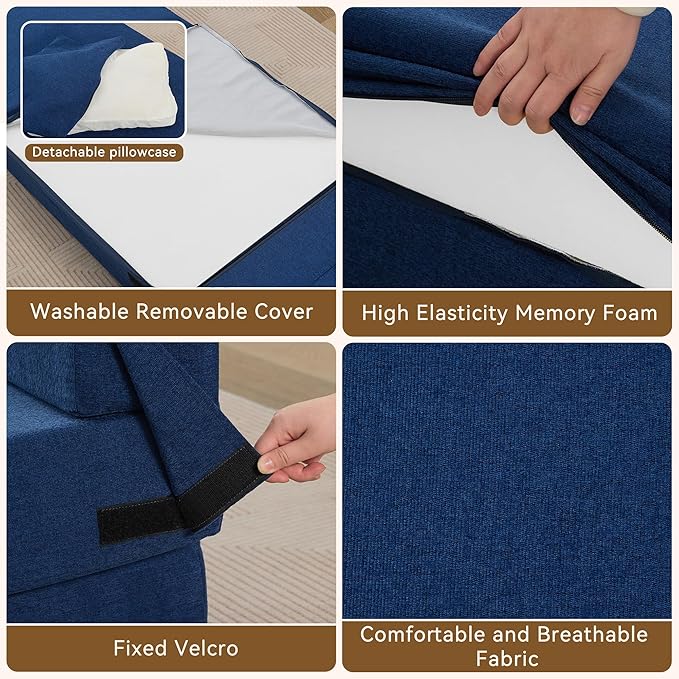 Folding Sofa Bed Convertible Floor Couch Foldable Chair Bed with Pillow，Linen Sleeper Chair Futon,Foldable Memory Foam Mattress for Bedroom/Living Room/Dorm/Office (Navy, Standard)