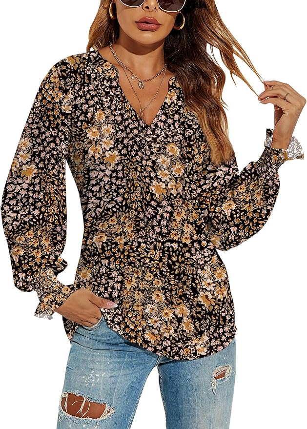 Romanstii Women's Casual V-Neck T-Shirts Loose Puff Long Sleeve Tops Tunic Blouses