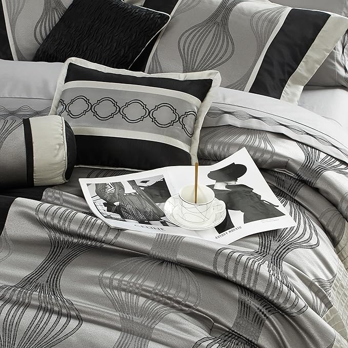 Grand Avenue Elegant Black and Silver Comforter Set Queen Size, Striped,15 Piece Room-in-A-Bag, Jacquard Bedding Set, All Season, Matching Decorative Pillows, Pillow Sham, Curtains