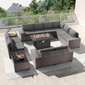 Kullavik 13 Pieces Outdoor Patio Furniture Set with 43" 55000BTU Gas Propane Fire Pit Table PE Wicker Rattan Sectional Sofa Patio Conversation Sets,Grey