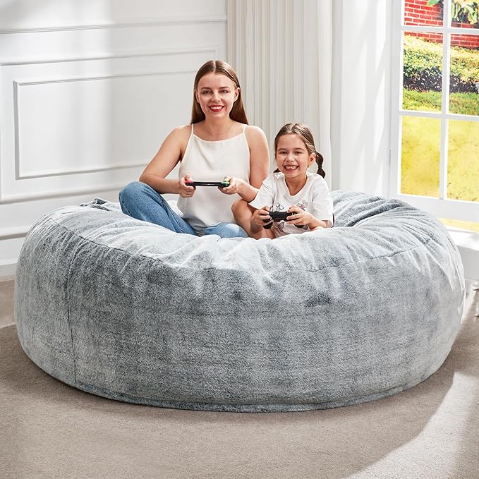 Hobestluk Bean Bag Chairs Giant Beanbag Chair with Filler, Memory Foam Bean Bags with Fluffy & Machine Washable Cover, Bean Bag Chairs for Aduts for Living Room, Bedroom (Grey, 6FT - 70" x 70" x 15")