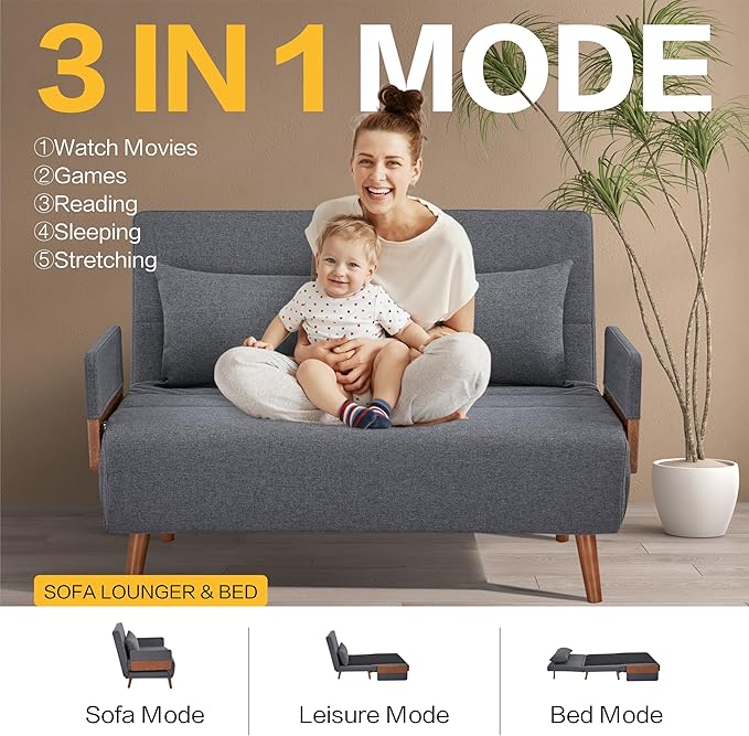CITTANEO 45" Convertible Sleeper Chair, 3-in-1 Chair Bed Sleeper for Adults with 3-Position Adjustable Backrest, Pillow & Wooden Arms, Loveseat Sofa Bed for Small Space, Living Room, Gray