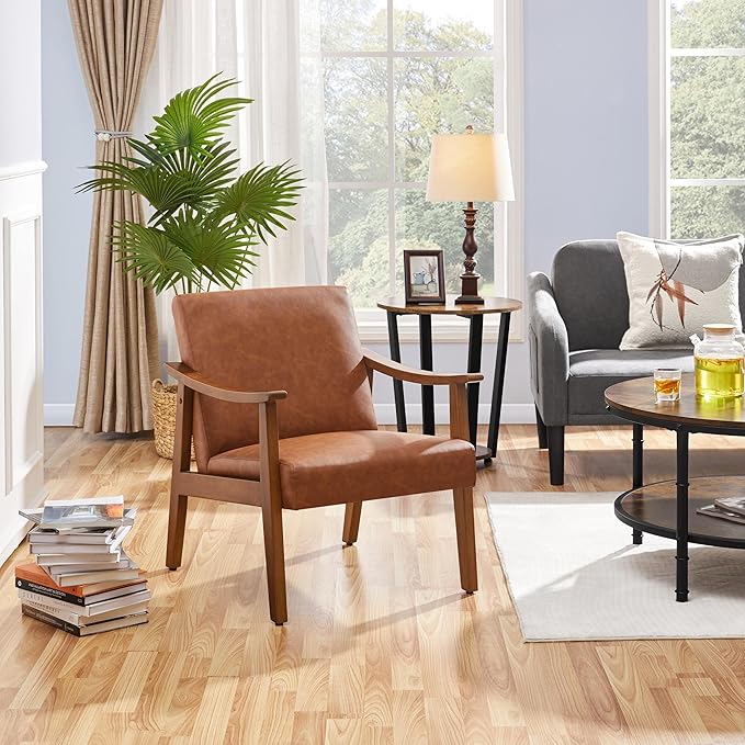 Yaheetech PU Leather Accent Chair, Mid-Century Modern Armchair with Solid Wood Legs, Reading Leisure Chair with High Back for Living Room Bedroom Waiting Room, Light Brown