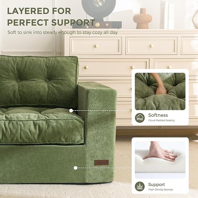 MAXYOYO Boneless Sofa Couch, Loveseat Sofa for Small Space, Tufted 3-Seater Floor Couch Bean Bag Chair for Living Room Bedroom Apartment, Sofa in a Box, No Assembly Needed, Green