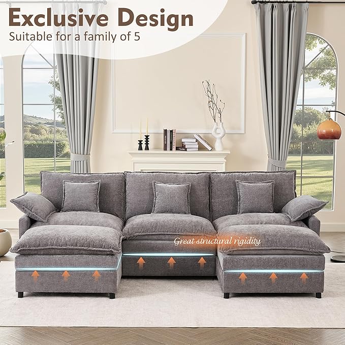 GOSUHI 108" U Shaped Couch, Modular Sectional Sofa, 3-Seater Comfy Cloud Couch with Movable Ottoman, Deep Seat Couches for Living Room, Chenille, Slate