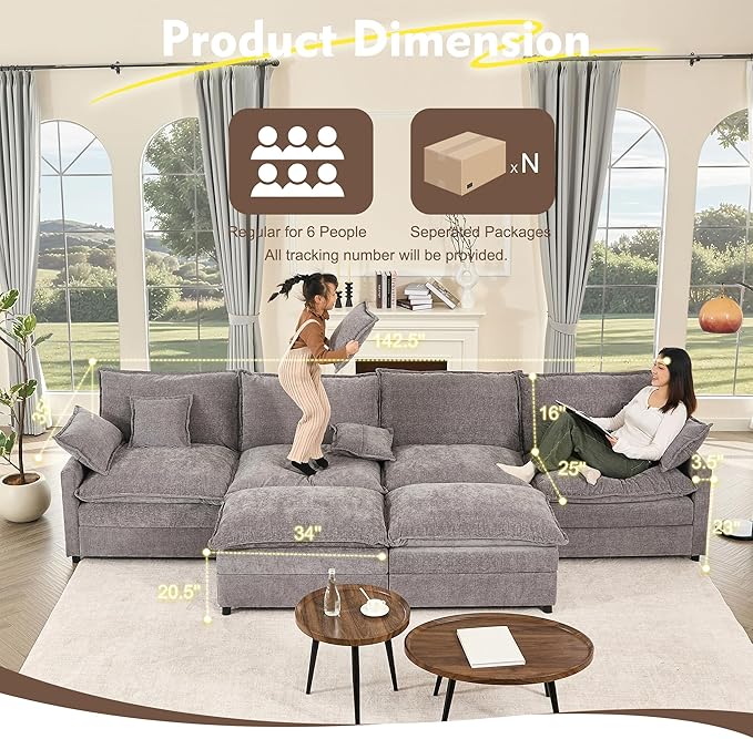 GOSUHI 142.5" U Shaped Couch, Modular Sectional Sofa, 3-Seater Comfy Cloud Couch with Movable Ottoman, Deep Seat Couches for Living Room, Chenille, Slate
