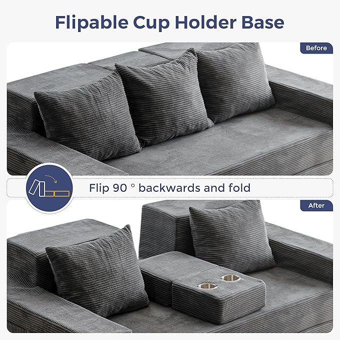 MAXYOYO Convertible Sofa Bed, 80" Oversized Boneless Loveseat Couch 4 in 1 Foldable Floor Sofa Couch in A Box with 2 Cup Holders, Folding Sleeper Chair for Living Room, No Assembly Required, Dark Grey