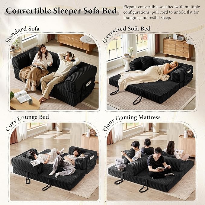 AUGOP Boneless Couch Folding Couches for Living Room Sofa, Futon Sofa Bed with Sleeper Sofa, Futon Couch with Fixed-Shape Oversized Corduroy Upholstered (Black, 81 Inches)