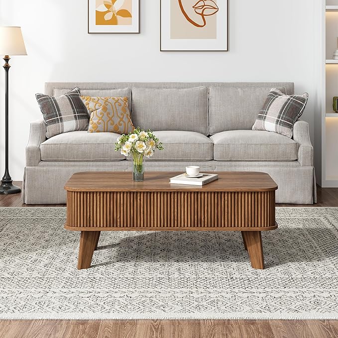 LCVTND Fluted Lift Top Coffee Table with Storage, Modern Wood Coffee Table Retro Center Table with Hidden Lifting Table Top Compartment for Living Room, Home, Office, Walnut