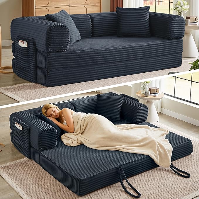 AUGOP Boneless Couch Folding Couches for Living Room Sofa, Futon Sofa Bed with Sleeper Sofa, Futon Couch with Fixed-Shape Oversized Corduroy Upholstered (Dark Gray, 81 Inches)