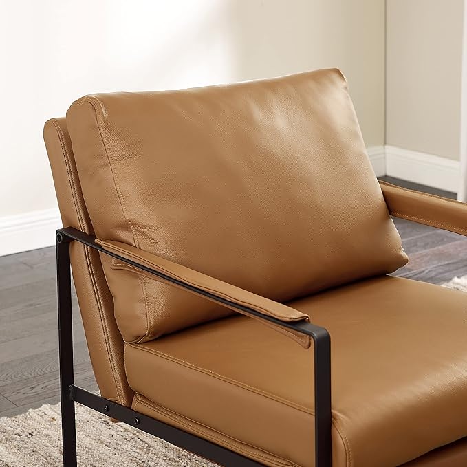 Volans Mid Century Modern Genuine Leather Accent Chair with Arms for Living Room, Metal Frame Armchair Reading Chair, Lounge Chair Single Sofa for Bedroom Office, Brown