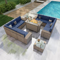 13 Pieces Patio Conversation Set, Rattan Furniture Set with Wide Armrests and Coffee Table, Outdoor Modular Sectional Couch Wicker Sofa with Fire Pit for Garden Backyard Porch Deck (Blue Cushions)