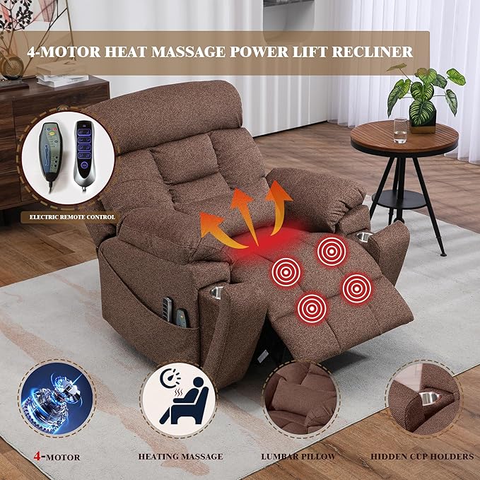 Oversized Lay Flat Power Lift Recliner Chair, 400lbs, 25.5in Extra Wide, 4-Motor, Heat and Massage, Hidden Cup Holder, Sleeping, Big Man, Elderly (Dark Brown)