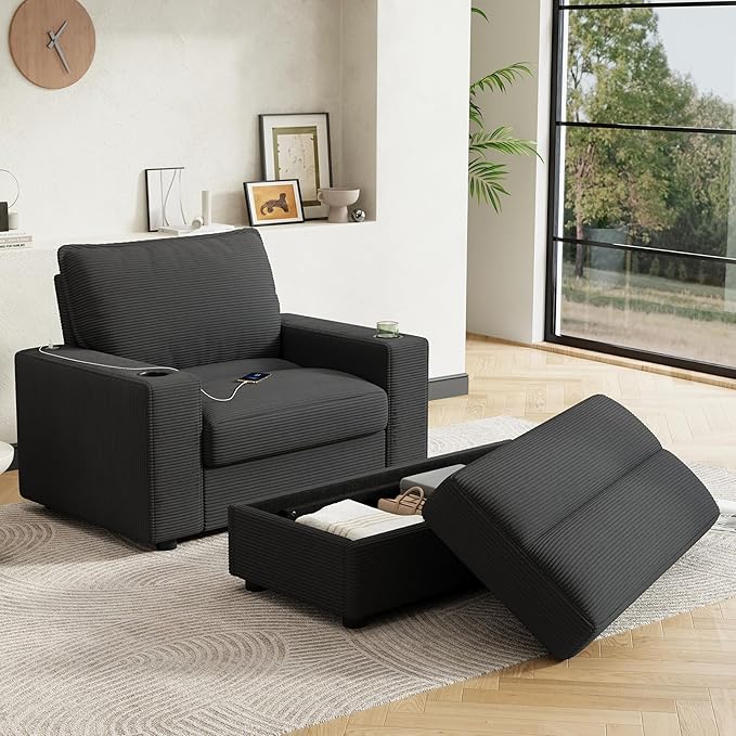 Merax 42.8" Oversized Chaise Lounge Chair with Storage Ottoman,Corduroy Sofa Bed with Cup Holders,USB Charging Port,Upholstered Sleeper Chair,Deep - Seat Reading Couch for Living Room,Bedroom,Grey