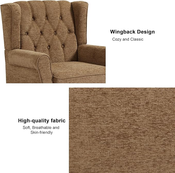 DREAMSIDEA Accent Chair, Upholstered Armchair with Button Tufted High Back & Solid Wood Legs, Comfy Wingback Reading Single Sofa Chair for Small Spaces, Living Room, Bedroom (Brown, Set of 2)
