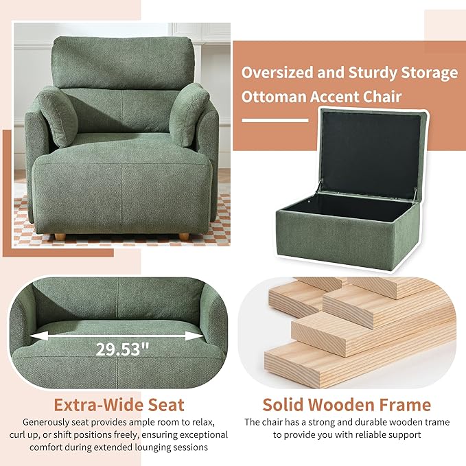 Snowflake Fleece Oversized Accent Chair with Storage Ottoman - 26.57" Wide Deep Seat Reading Chair, Convertible Daybed, 400lbs Capacity for Living Room & Apartment (Green)