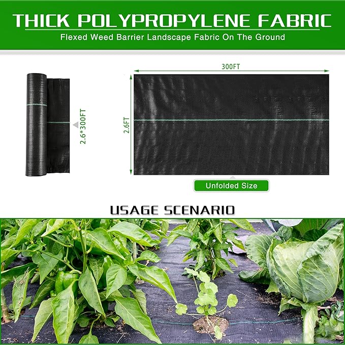 Weed Barrier Landscape Fabric Heavy Duty, 2.6FT x 300FT Thicken Garden Blocker Fabric Weed Mats, Weed Control Garden Cloth, Woven Geotextile Fabric for Garden Beds, Underlayment, Commercial Driveway