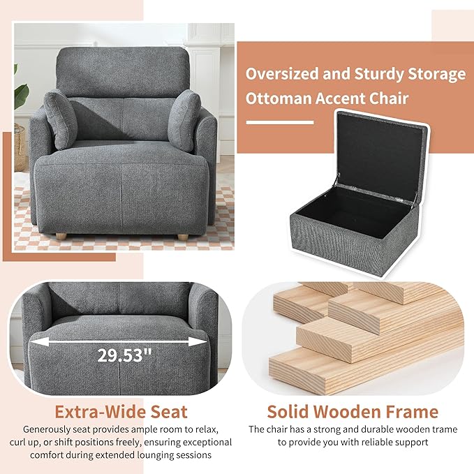Snowflake Fleece Oversized Accent Chair with Storage Ottoman - 26.57" Wide Deep Seat Reading Chair, Convertible Daybed, 400lbs Capacity for Living Room & Apartment (Grey)