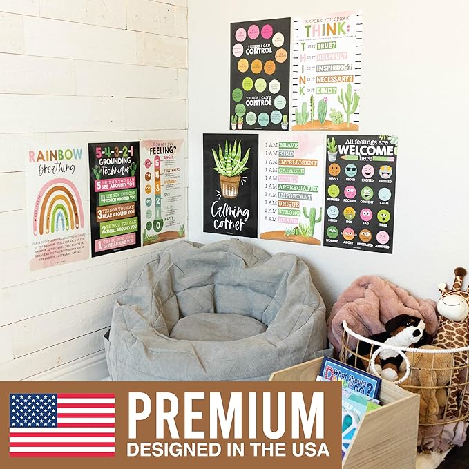 Hadley Designs 8 Calming Corner Posters For Classroom Must Haves For Teachers - 11x17 Calm Down Corner Supplies, Feelings Chart For Kids Ages 4-8, Toddler Emotions Chart, Cactus Classroom Decor