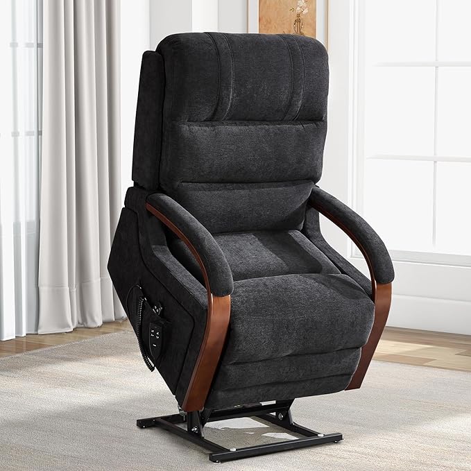 Dual Motor Power Lift Recliner Chair, Lift Chair with Massage and Heat for Elderly, Lay Flat Recliner, Standing Assistance, Infinite Position Reclining, Living Room Chair, Chenille, Black