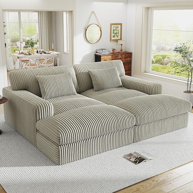 83" Oversized Chaise Lounge Sofa Chair Indoor，Soft Corduroy Fabric, Boneless sofawith Cushion，A Comfortable, deep-Seated Cloud Sofa for use in The Living Room.(2-Seater-Gray)