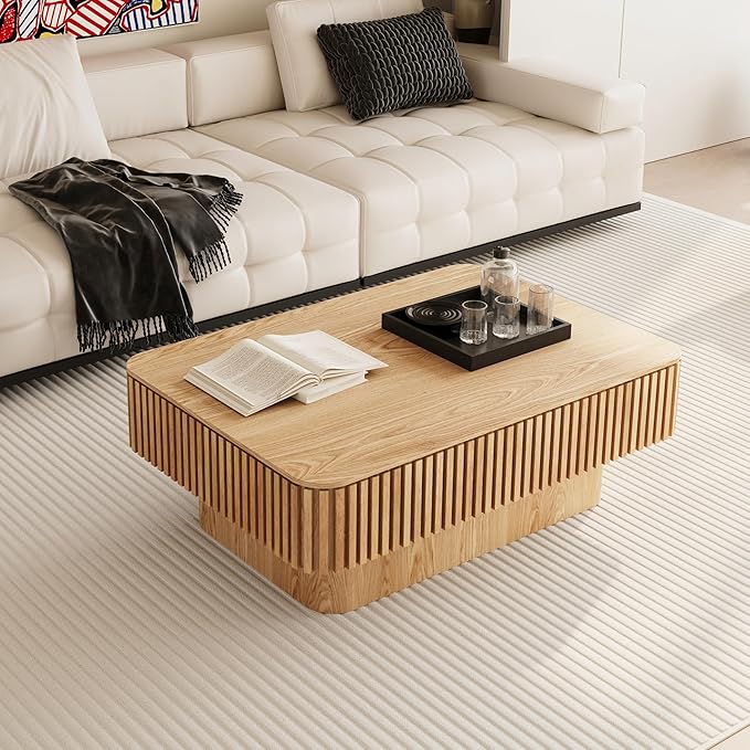 FGXJY Lift Coffee Table with Storage & Adjustable Height, Solid Wood Coffee Table Fluted Center Table Accent Tea Table or Living Room, Apartment, Office (38.6" Natural)