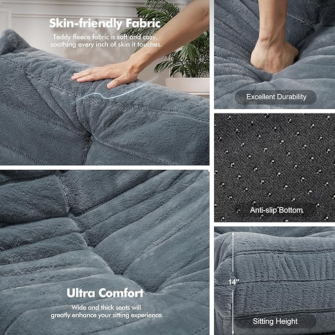 Bean Bag Chair Big Sofa Beanbag Chair for Adults Fireside Chair Bean Bag Lounger with Memory Foam Filled for Home,Apartment or Gaming Venue(Grey Plush)