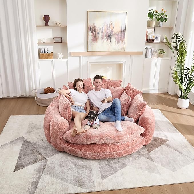 81" Oversized Bean Bag Chair Boneless Round Chaise Lounge Comfy Chenille Reading Chair Fluffy Plush Sofa Bed Large Deep Seat Circle Cloud Couch for Living Room, Bedroom, Apartment, Pink