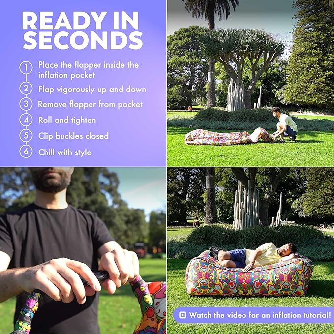 Chillbo LazyBone Inflatable Couch – Quick-Inflation Flapper System, Fun Prints, No-Pump Setup, Ripstop Polyester, Portable Air Lounger for Beach, Camping, Festivals, & Hiking