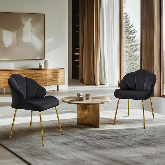 Yaheetech Vanity Chair, Velvet Accent Chair with Shell-Shaped Backrest, Modern Armchair with Gold Metal Legs for Dressing Room/Bedroom/Living Room, Black