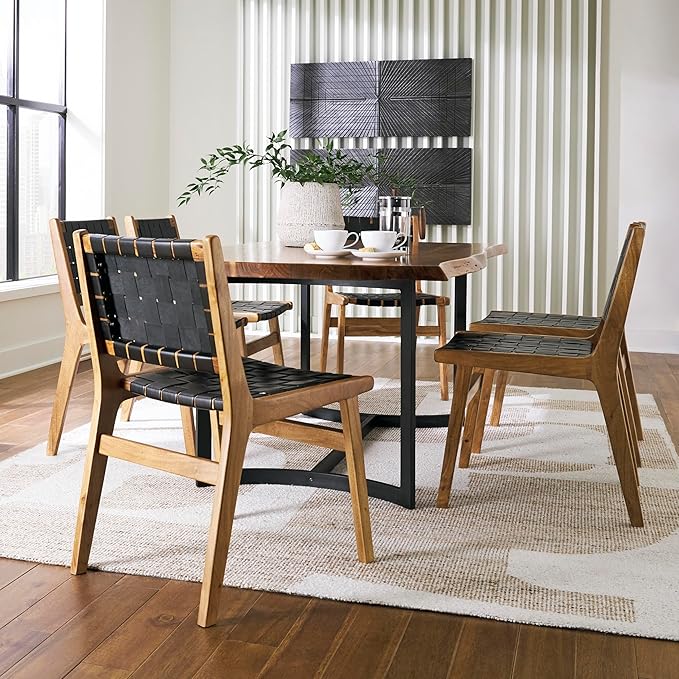 Signature Design by Ashley Fortmaine Modern Upholstered Armless Dining Chair with Open Back and Woven Leather Straps, Set of 2, Light Brown & Black