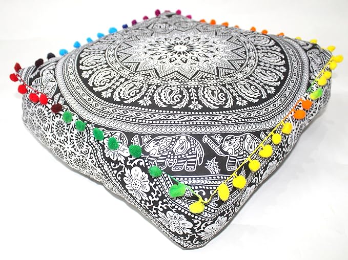 CRAFT KALA Black Elephant Flower Large Hippie Mandala Meditation Floor Ottoman Pillow Cushion Pouf Cover Square Poufs Bohemian Floor Cushion Case Outdoor Fireplace Living Room Decor Cover 16" Square