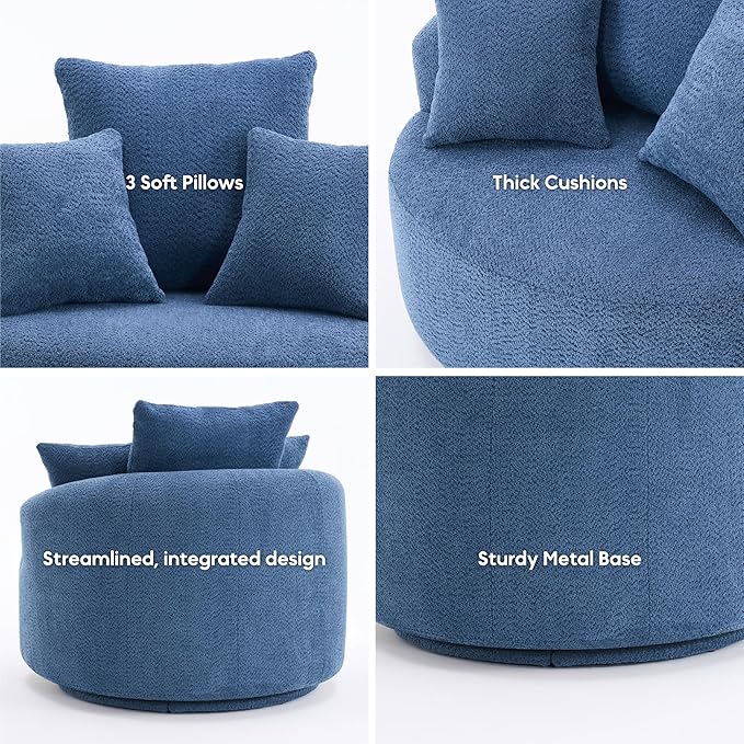 Yoglad 38.58'' Swivel Round Chair, Comfy Boucle 360° Accent Chair with Thick Cushion, Oversized Modern Single Sofa with 3 Pillows, Soft Armchair for Nursery, Living Room, Bedroom, Office (Blue)